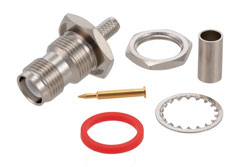 PE4696 - 逆極性 TNC メス バルクヘッドマウントコネクタ、圧着/はんだ接続、.195インチ、RG58、RG141、RG303、LMR-195、LMR-195-FR、PE-C195、PE-P195、.480インチD穴