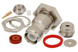 PE4701 - 逆極性 TNC メス バルクヘッドマウントコネクタ、クランプ/はんだ接続、RG178、RG196、.480インチD穴