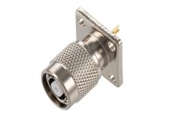 PE4708 - 逆極性 TNC オス コネクタ、はんだ接続、4ホールパネルマウント、ソルダーカップターミナル、.531インチ穴間隔