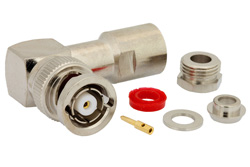 PE4728 - 逆極性 BNC オス 直角コネクタ、クランプ/はんだ接続、RG58、RG55、RG141、RG142、RG223、RG400、RG303、PE-C195、PE-P195、LMR-195