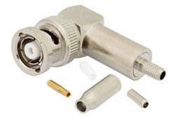 PE4733 - 逆極性 BNC オス 直角コネクタ、圧着/はんだ接続、RG174、RG316、RG188