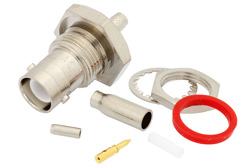 PE4752 - 逆極性 BNC メス バルクヘッドマウントコネクタ、圧着/はんだ接続、.100インチ、RG316、RG174、RG188、LMR-100、LMR-100A、LMR-100A-FR、PE-C100、PE-B100、.480インチD穴