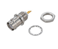 PE4757 - 逆極性 BNC メス バルクヘッドマウントコネクタ、はんだ接続、ソルダーカップターミナル、.410インチD穴