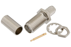 PE4857 - 逆極性 SMA メス バルクヘッドマウントコネクタ、圧着/はんだ接続、RG58、.235インチD穴