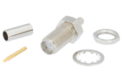 PE4859 - 逆極性 SMA メス バルクヘッドマウントコネクタ、圧着/はんだ接続、.100インチ、RG316、RG174、RG188、LMR-100、LMR-100A、LMR-100A-FR、PE-C100、PE-B100、.235インチD穴