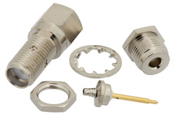 PE4861 - 逆極性 SMA メス バルクヘッドマウントコネクタ、クランプ/はんだ接続、RG178、RG196、.235インチD穴