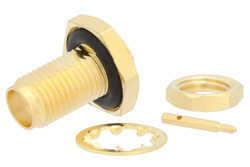 PE4864 - 逆極性 SMA メス バルクヘッドマウントコネクタ、はんだ接続、PE-SR402AL、PE-SR402FL、RG402、.235インチD穴