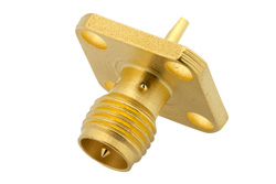 PE4866 - 逆極性 SMA メス コネクタ、はんだ接続、4ホールパネルマウント、ソルダーカップターミナル、.340インチ穴間隔