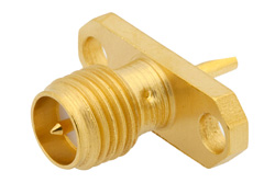 PE4867 - 逆極性 SMA メス コネクタ、はんだ接続、2ホールパネルマウント、ソルダーカップターミナル、.481インチ穴間隔