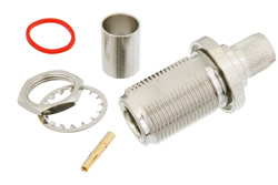 PE4941 - N メス バルクヘッドマウントコネクタ、圧着/はんだ接続、RG214、RG9、RG225、RG393、.640インチDD穴