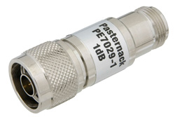 PE7029-1 - 1 dB 固定減衰器、75 Ω N オス 〜 75 Ω N メス、真鍮ニッケルメッキ、1 W、最大 1 GHz