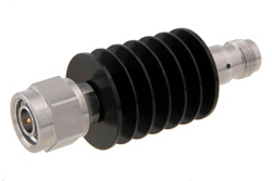 PE7053-40 - 40 dB 固定減衰器、TNC オス 〜 TNC メス、黒色 陽極酸化アルミヒートシンク、10 W、最大 18 GHz