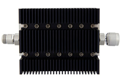 PE7208-3 - 3 dB 固定減衰器、N メス 〜 N オス 方向性、黒色 陽極酸化アルミヒートシンク、100 W、最大 6 GHz