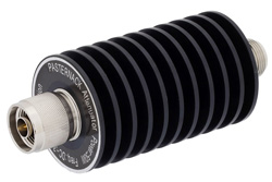 PE7388-10 - 10 dB 固定減衰器、N オス 〜 N メス 単一方向性、黒色 陽極酸化アルミヒートシンク、50 W、最大 3 GHz