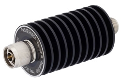 PE7388-6 - 6 dB 固定減衰器、N オス 〜 N メス 単一方向性、黒色 陽極酸化アルミヒートシンク、50 W、最大 3 GHz