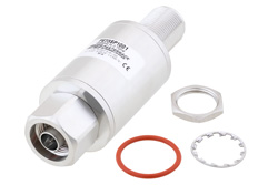 PE73SP1001 - N型 F/M 入/出力 バルクヘッド 同軸 RF サージプロテクタ、698MHz - 2.7GHz、DC ブロック、500W、IP67、40kA、フィルタ