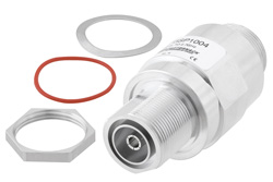 PE73SP1004 - 7/16 F/F 入/出力 バルクヘッド 同軸 RF サージプロテクタ、698MHz - 2.7GHz、DC 通過、1000W、IP67、20kA、フィルタ、低 PIM -155 dBc