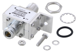 PE73SP1022 - N型 F/F 入/出力 バルクヘッド 同軸 RF サージプロテクタ、125MHz - 1GHz、DC ブロック、500W、IP非該当、800uJ、20kA、ブロックキャップ、気体管