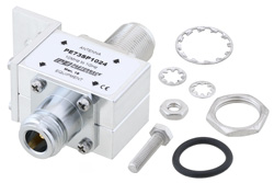 PE73SP1024 - N型 F/F 入/出力 バルクヘッド 同軸 RF サージプロテクタ、10MHz - 1GHz、DC ブロック、1.5kW、IP非該当、3.5mJ、20kA、ブロックキャップ、気体管