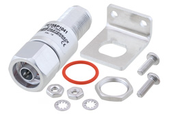 PE73SP1041 - N型 F/M 入/出力 バルクヘッド 同軸 RF サージプロテクタ、DC - 7GHz、3GHz - 4GHz、DC 通過、90W、IP67、20kA、気体放電管、双方向