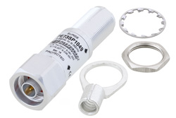 PE73SP1049 - N型 F/M 入/出力 バルクヘッド 同軸 RF サージプロテクタ、2GHz - 6GHz、DC ブロック、10W、IP67、10kA、フィルタ