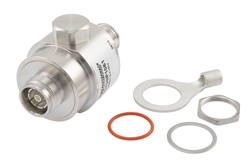 PE73SP1061 - 4.3-10 F/F バルクヘッド 同軸 RF サージプロテクタ、698MHz - 2.7GHz、500W、IP67、80 V Max.、1mJ、20kA、フィルタ、低 PIM -173 dBc