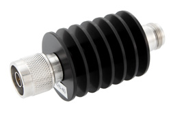 PE7426-40 - 40 dB 固定減衰器、N オス 〜 N メス 黒陽極酸化アルミニウムヒートシンク、最大 25 W 、最大 18 GHz