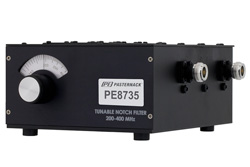 PE8735 - 3 セクション チューナブル バンドリジェクト フィルタ、N メス コネクタ、動作範囲 200 MHz 〜 400 MHz、1% 帯域幅
