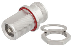 PE91197 - バルクヘッドマウント 4.1/9.5 Mini DIN メス 〜 4.1/9.5 Mini DIN メス アダプタ、IP67嵌合時