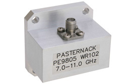 PE9805 - WR-102、UG-1493/U、スクエアカバーフランジ、SMA メス、導波管 〜 同軸アダプタ、7 GHz 〜 11 GHz、X 周波帯