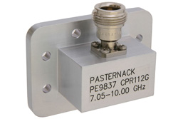 PE9837 - WR-112、CPR-112G、溝付きフランジ、N メス、導波管 〜 同軸アダプタ、7.05 GHz 〜 10 GHz、X 周波帯