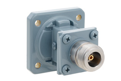 PEWCA1074 - WR-75 方形 フランジ 〜  エンドランチ N型 メス 導波管同軸アダプタ、10 GHz 〜 15 GHz、M バンド、アルミニウム、塗装