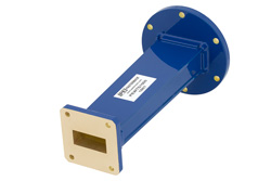 PEWTS1000 - WR-137 〜 WR-112 導波管トランジション 6 インチ長、UG-344/U 円形フランジ 〜  UG-51/U 方形 フランジ