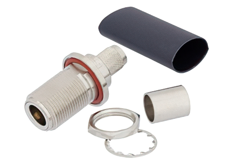 N メス バルクヘッドマウントコネクタ、圧着/ノンソルダー端子接続、LMR-400、PE-C400、PE-B400、PE-B405