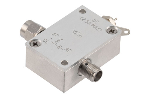 10 MHz ～ 2.5 GHz SMA 広帯域 バイアスティ, オス 入力, 最大 2.5 A (電流), 100 V (電圧),  DC  Pin