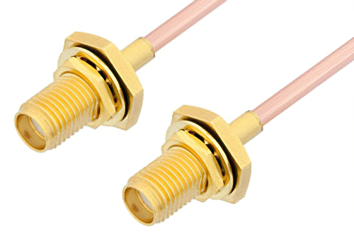 SMA メス バルクヘッド 〜 SMA メス バルクヘッドケーブル、RG405 同軸、鉛フリーはんだ