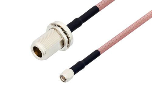 N メス バルクヘッド ～ SMA オス ケーブル, RG142 同軸, 熱収縮チューブ付