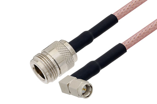 SMA オス直角 〜 N メス ケーブル、RG142 同軸 、熱収縮チューブ付