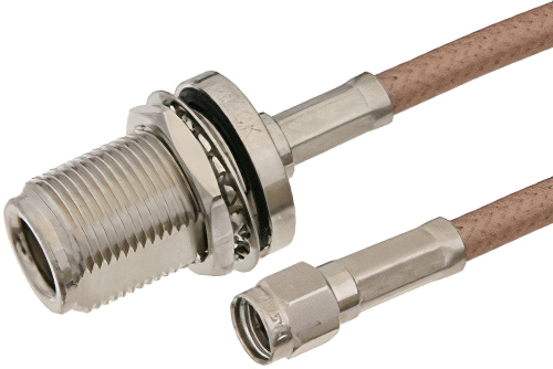 逆極性 SMA オス 〜 N メス バルクヘッドケーブル、RG142 同軸