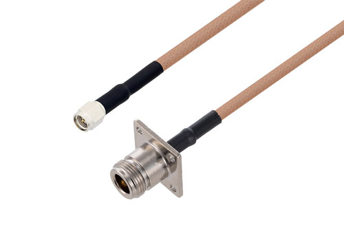 SMA オス 〜 N メス 4 穴フランジ ケーブル、RG400 同軸 、熱収縮チューブ付、鉛フリーはんだ