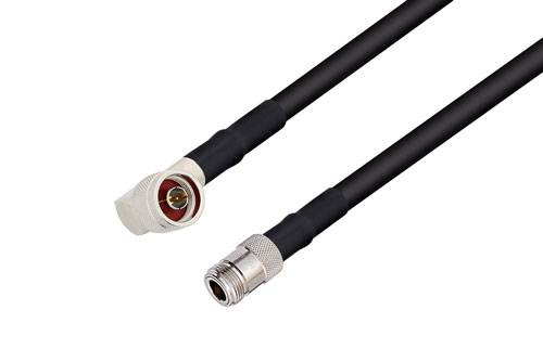 N オス直角 〜 N メス ケーブル、RG8 同軸 、熱収縮チューブ付