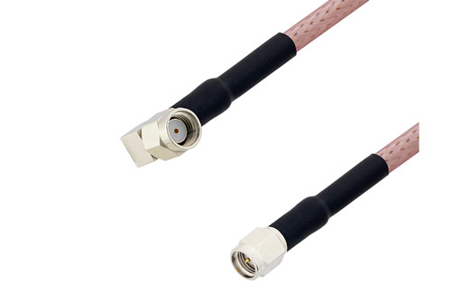 逆極性 SMA オス直角 〜 SMA オス ケーブル、RG142 同軸 、熱収縮チューブ付