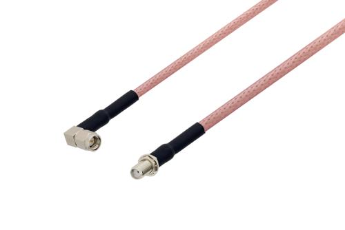 SMA オス直角 ～ SMA メス バルクヘッド, ケーブル RG142 同軸, 熱収縮チューブ