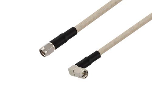 SMA オス 〜 SMA オス 直角 ケーブル, RG141 同軸 熱収縮チューブ付, 鉛フリーはんだ