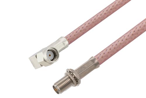 Reverse Polarity SMA Male Right Angle to Reverse Polarity SMA Female Bulkhead Cable Using RG142 Coax, RoHS