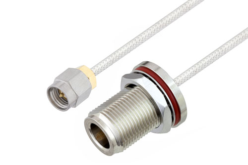 N メス バルクヘッド ～ SMA オス, ケーブル PE-SR405FL 同軸 , 鉛フリーはんだ