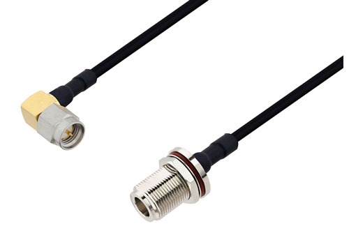 SMA Male Right Angle to N Female Bulkhead Semi-Flexible Precision Cable Using PE-SR402FLJ Coax with 90 Deg. Clock, LF Solder