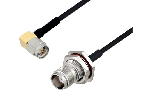 SMA Male Right Angle to TNC Female Bulkhead Cable Using PE-SR405FLJ Coax , LF Solder