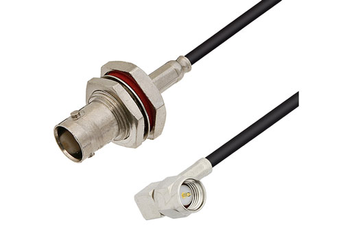 SMA オス直角 〜 BNC メス バルクヘッド ケーブル、RG174 同軸 、鉛フリーはんだ