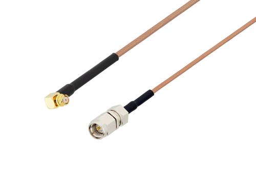SMP メス 直角 ～ SMA オス ケーブル, RG178 同軸, 熱収縮チューブ付, 鉛フリーはんだ